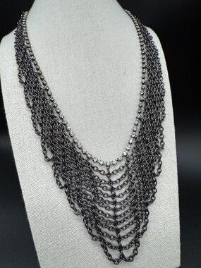 Statement Multiple Grey Chains Necklace with Clear Rhinestones